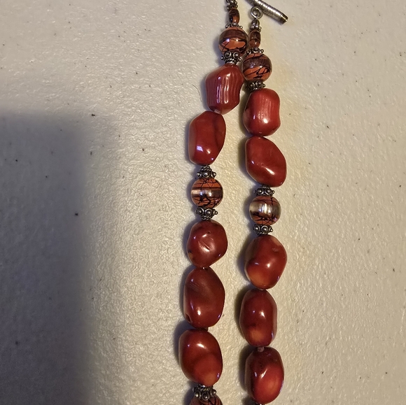 Red Coral and Marcasite Bead Bracelet - Sterling tone Silver Toggle Clasp - - Picture 5 of 7